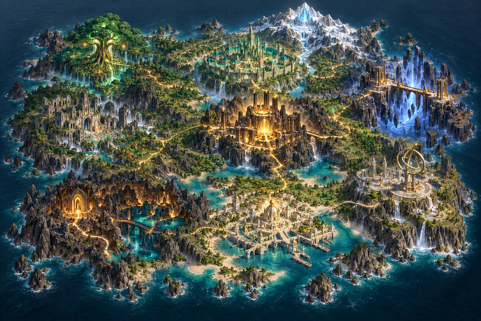 New Genesis Atlas island with ten connected locations from the Origin Depths to the Returning Dawn