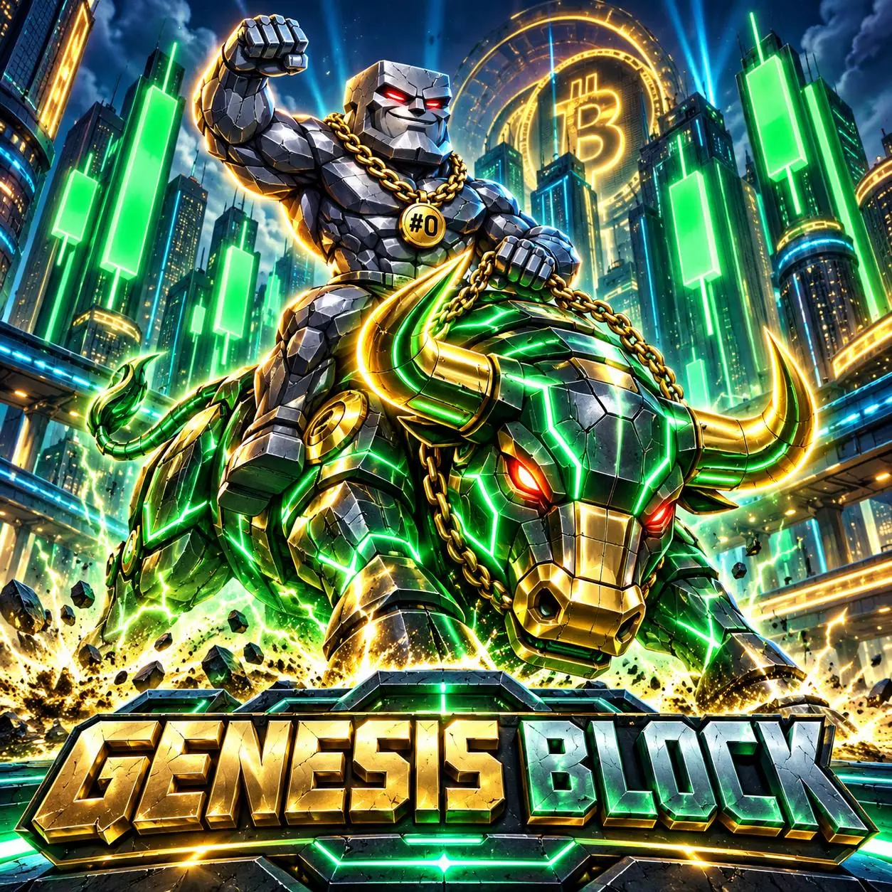 Genesis guardian beside a golden bull in a neon city