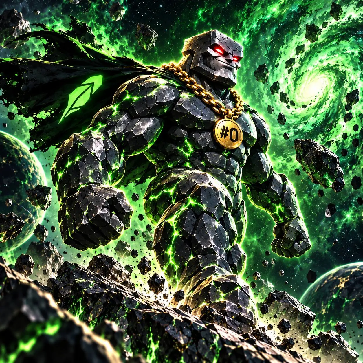 Stone golem in an emerald cosmic vortex