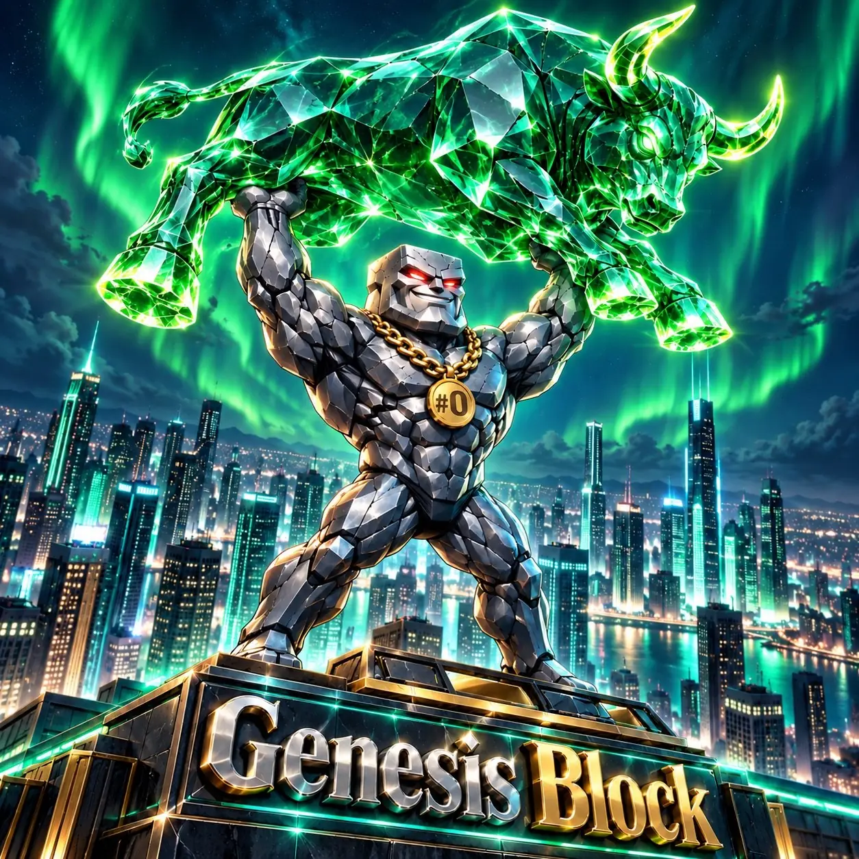 Stone guardian lifting an emerald crystal bull over the city
