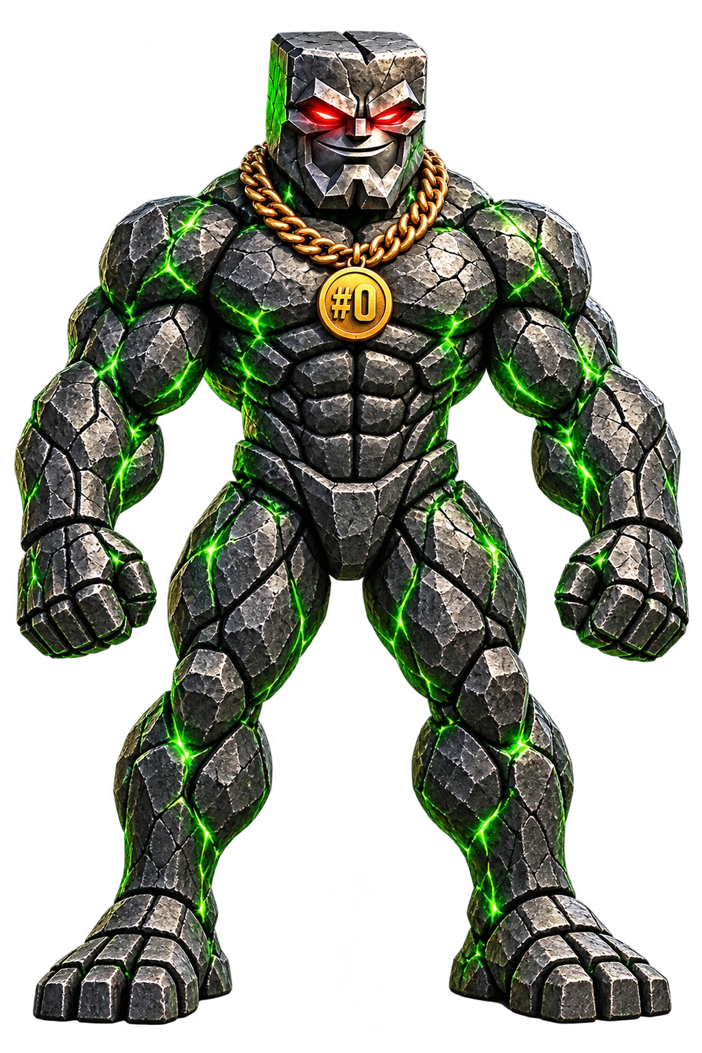 The original stone golem with emerald fissures and a gold #0 pendant