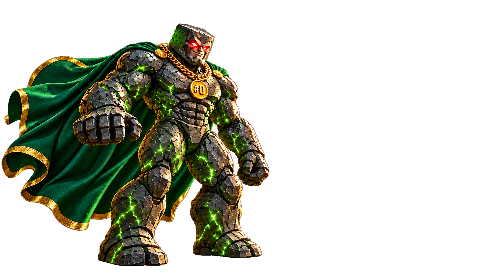 Genesis Chad with red glowing eyes, emerald fissures and a flowing green cape with gold edging