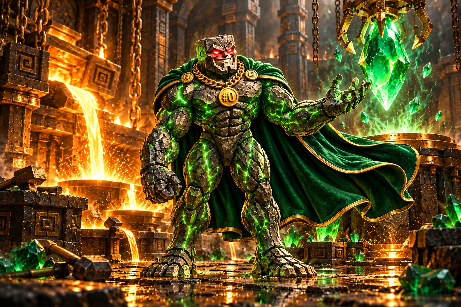 Genesis Chad: Genesis Chad stands beside an ancient gold forge, looking toward a suspended emerald crystal; black basalt workshop, warm furnace light, green fissures and drifting embers.