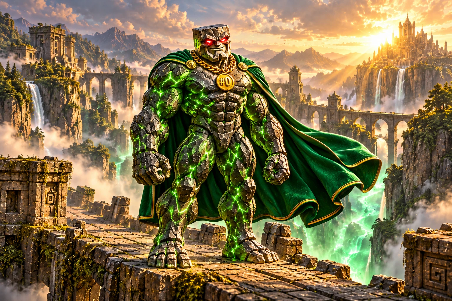 Genesis Chad: Genesis Chad stands on an ancient broken bridge above an emerald canyon, looking across the rift; monumental cliffs, distant waterfalls and golden dawn.