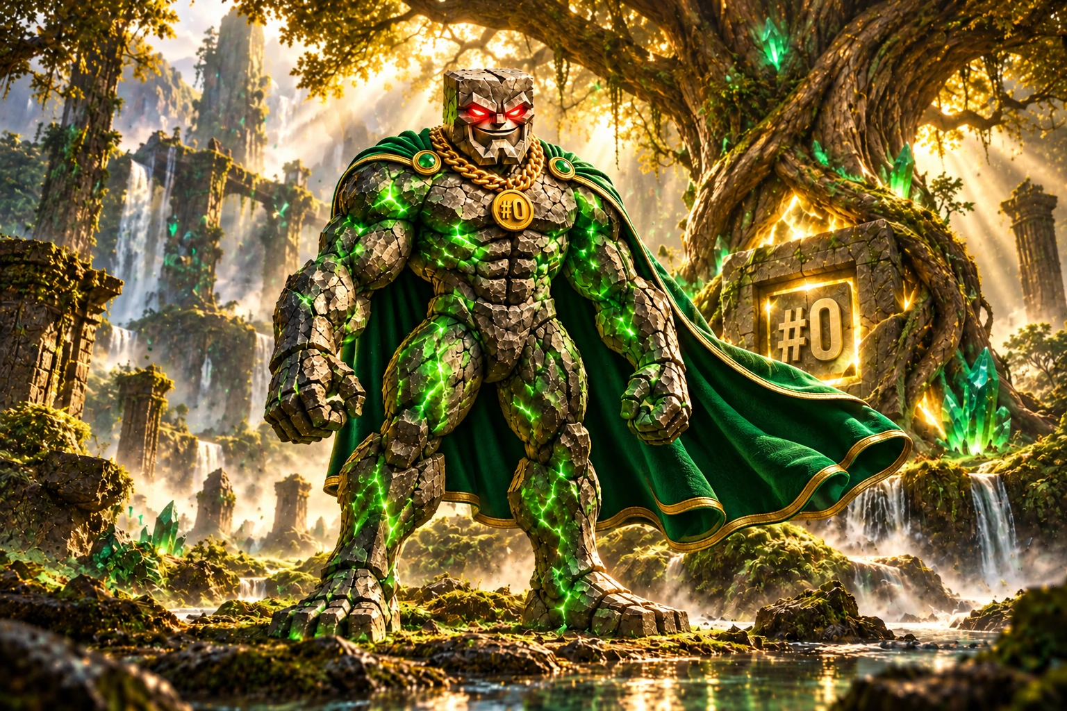 Genesis Chad: Genesis Chad stands in an ancient emerald forest beside a massive luminous tree growing around a #0 stone, roots and soft golden shafts of light.