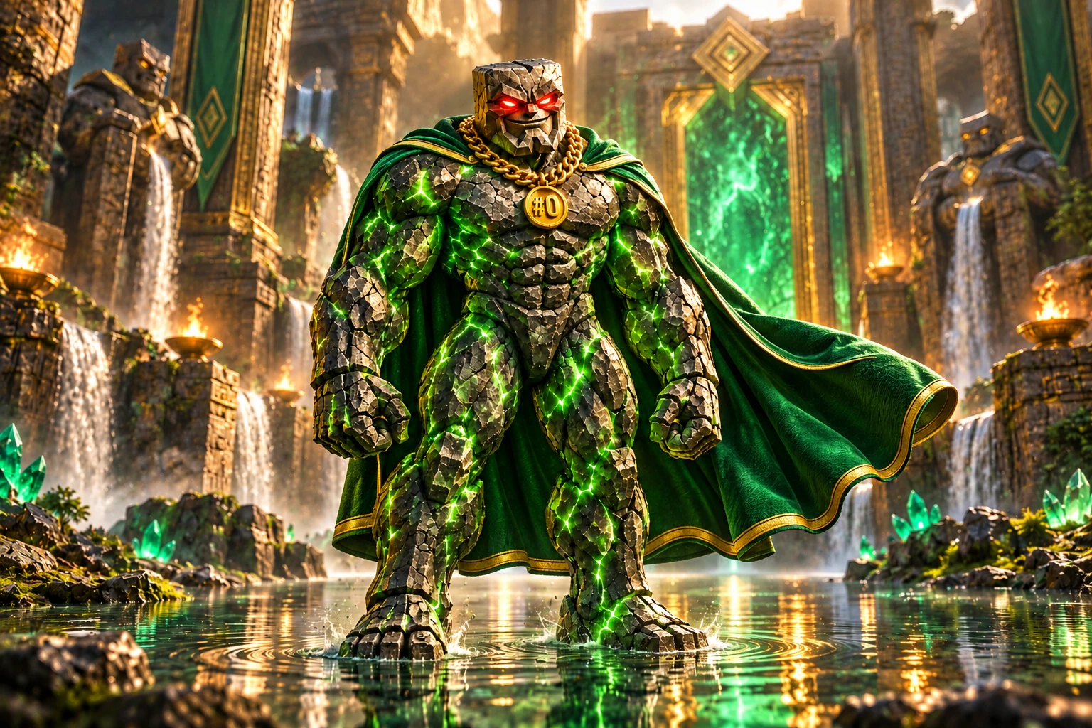 Genesis Chad: Genesis Chad stands ankle deep in a still reflecting pool inside a flooded temple, a distant immense emerald doorway and gold reflections behind him.