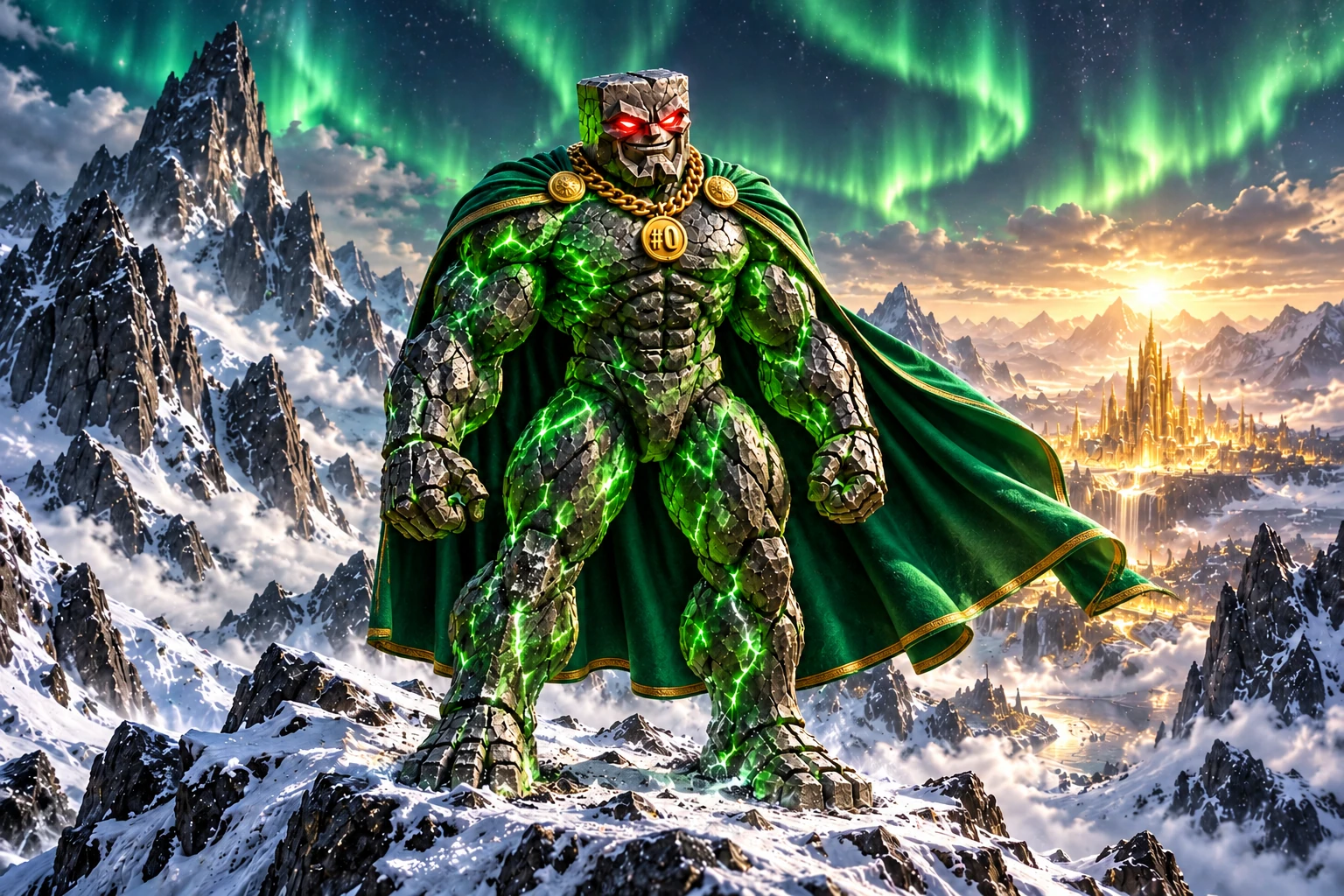 Genesis Chad: Genesis Chad stands on an icy mountain ridge beneath emerald auroras, obsidian peaks and a distant golden city far below.