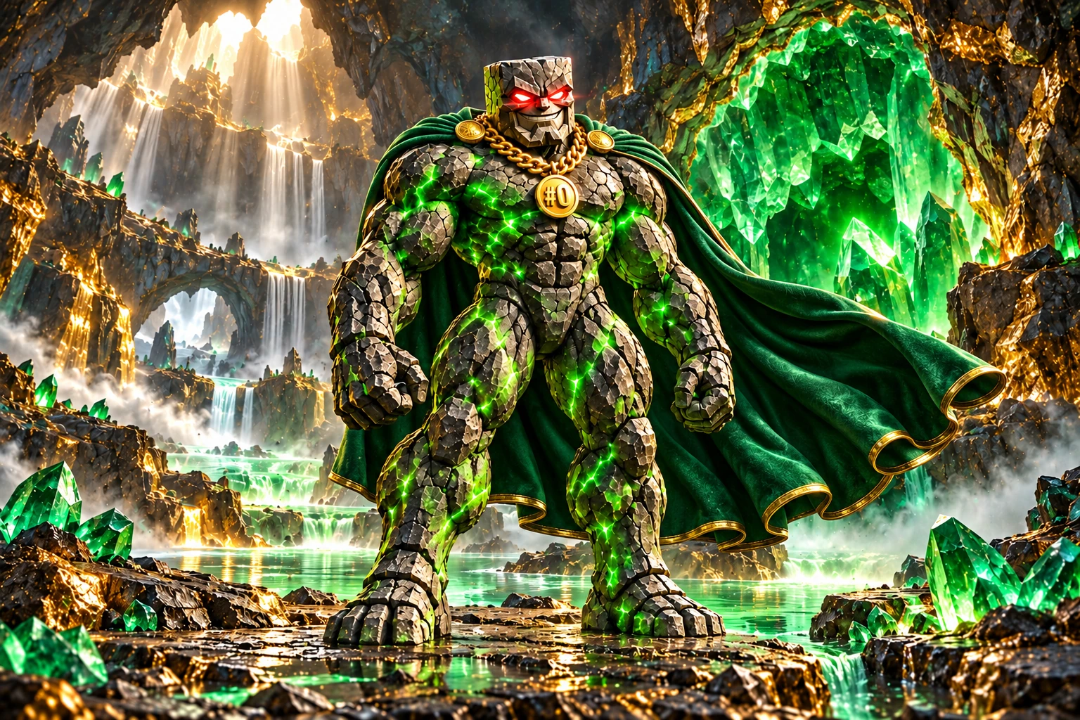 Genesis Chad: Genesis Chad stands in a crystal cave beside a massive emerald geode, golden mineral seams, luminous river and mist behind him.