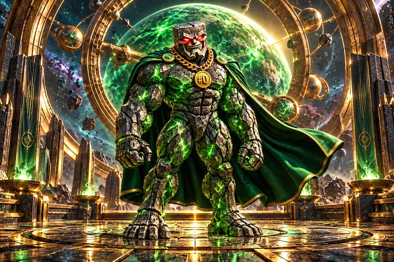Genesis Chad: Genesis Chad stands on a circular observatory platform before monumental gold mechanical rings framing an emerald planet in space.