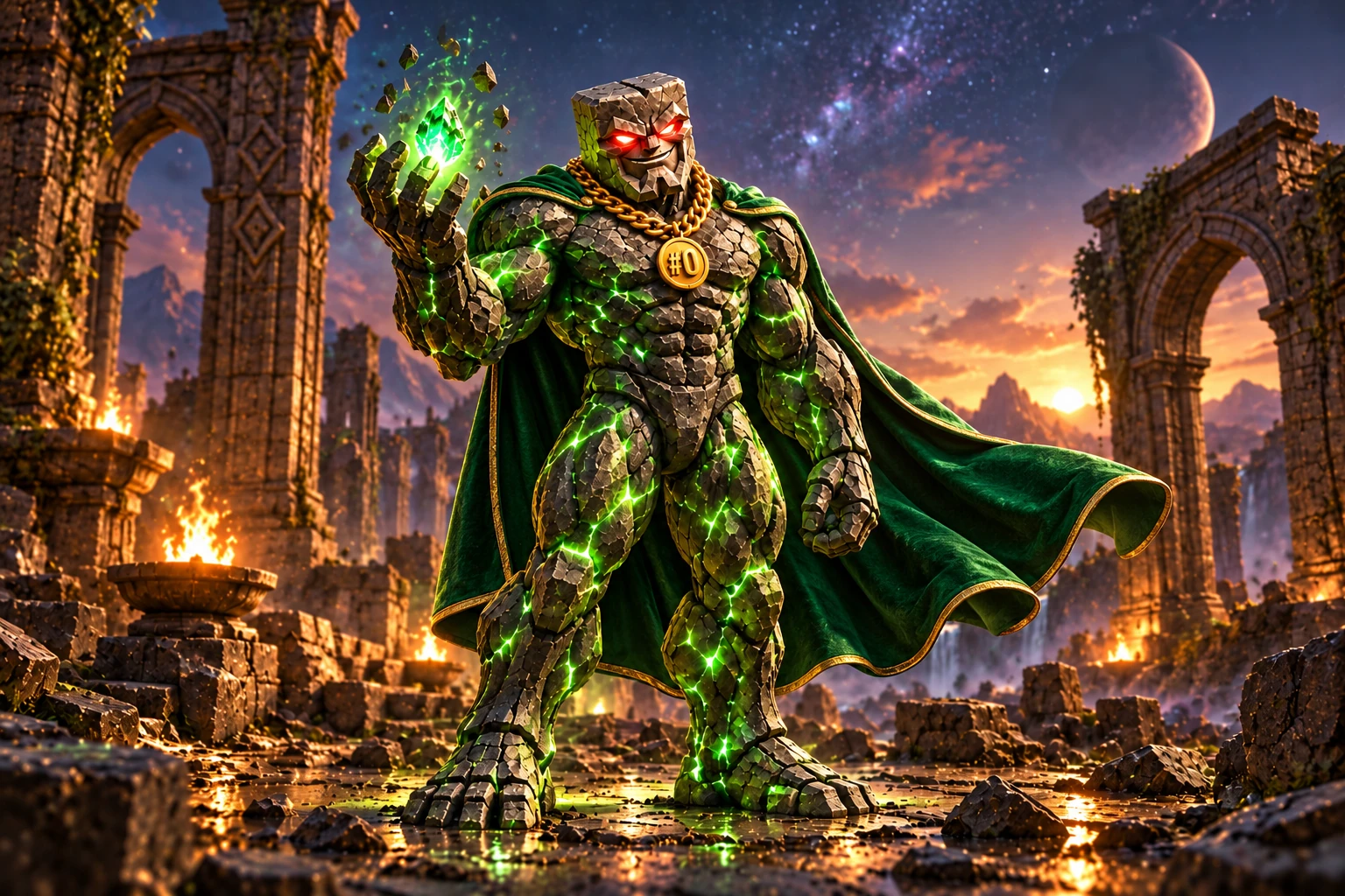 Genesis Chad: Genesis Chad stands by a ruined hearth at twilight, cupping a small emerald ember in his hand, quiet stars and ancient arches behind.