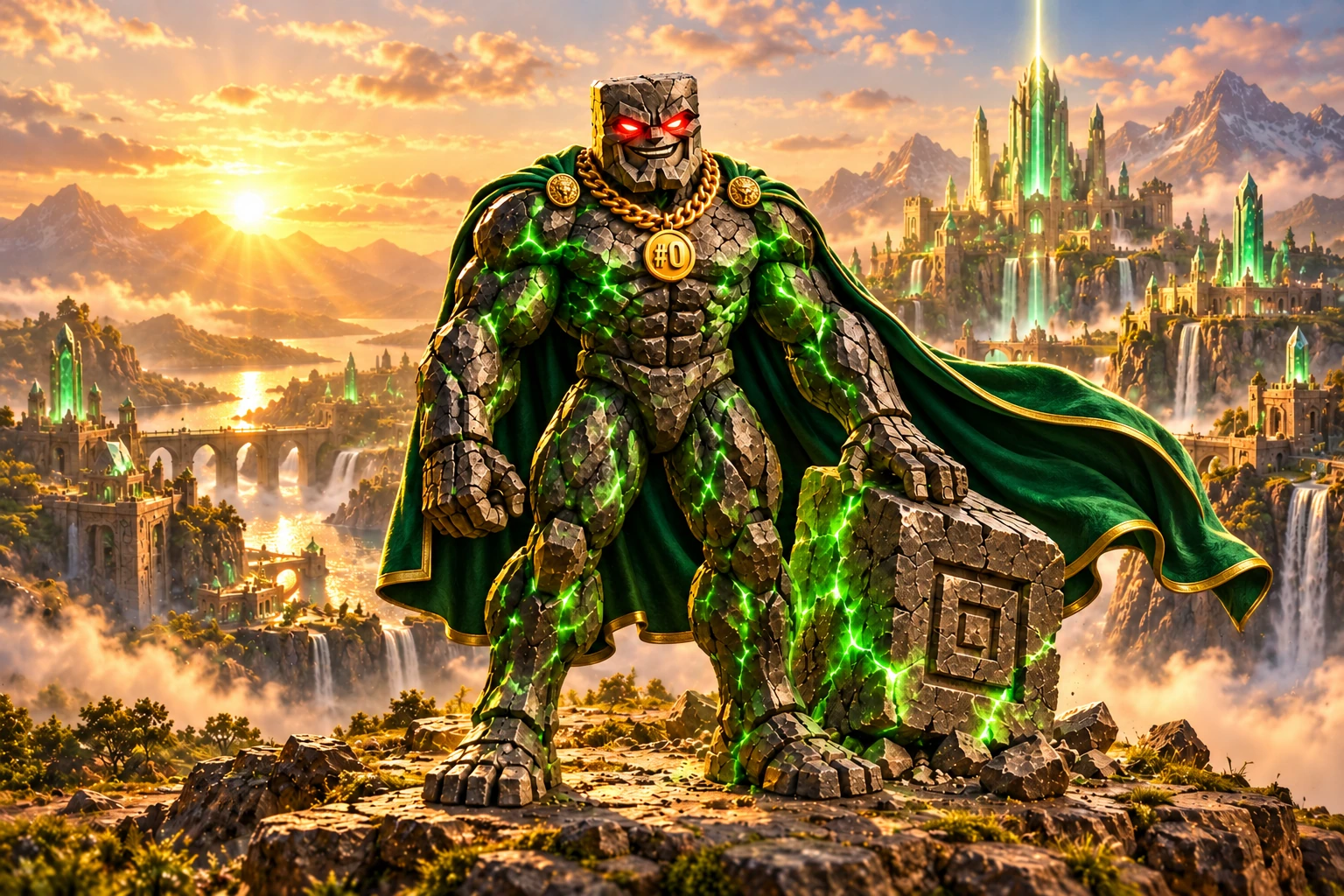 Genesis Chad: Genesis Chad stands on a hill overlooking a thriving emerald and gold city at sunrise, looking directly at the viewer, full body, the #0 origin stone at his side.