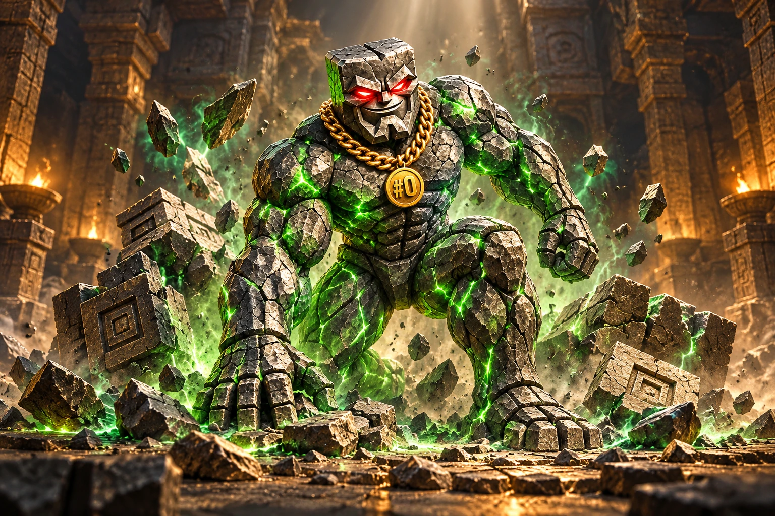 The original stone golem awakening from the fractured Block #0